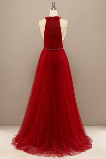 Red Pleated Long Chiffon Formal Dress